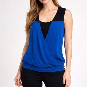 bebe Blue & Black Sleeveless Wrap Blouse Top | Women’s XS | Chic Evening Wear